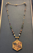8-Wood Asanoha Pendant w/ Brass, Vintage Glass, Wood Beads