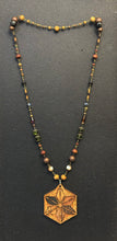 8-Wood Asanoha Pendant w/ Brass, Vintage Glass, Wood Beads