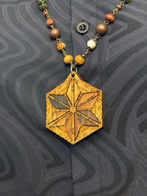 8-Wood Asanoha Pendant w/ Brass, Vintage Glass, Wood Beads
