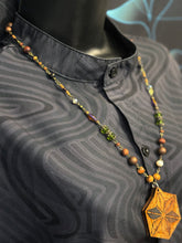 8-Wood Asanoha Pendant w/ Brass, Vintage Glass, Wood Beads