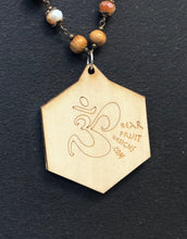 8-Wood Asanoha Pendant w/ Brass, Vintage Glass, Wood Beads