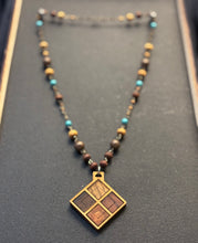 6-Wood Diamond Pendant w/ Turquoise, Brass, Wood Beads