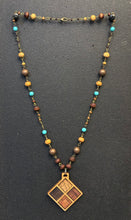 6-Wood Diamond Pendant w/ Turquoise, Brass, Wood Beads