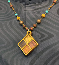 6-Wood Diamond Pendant w/ Turquoise, Brass, Wood Beads