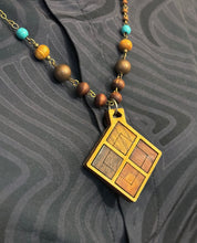 6-Wood Diamond Pendant w/ Turquoise, Brass, Wood Beads