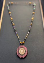 5-Wood Oval Pendant w/ Amethyst, Vintage Glass, Wood Beads