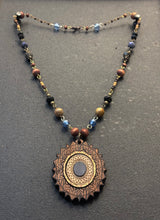 5-Wood Oval Pendant w/ Vintage Glass, Czech Glass, Wood Beads