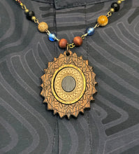 5-Wood Oval Pendant w/ Vintage Glass, Czech Glass, Wood Beads