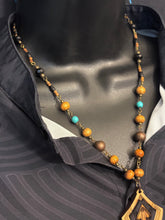 4-Wood Floret Pendant w/ Turquoise, Brass, Wood Beads