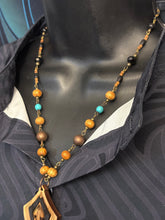 4-Wood Floret Pendant w/ Turquoise, Brass, Wood Beads