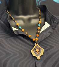 4-Wood Floret Pendant w/ Turquoise, Brass, Wood Beads