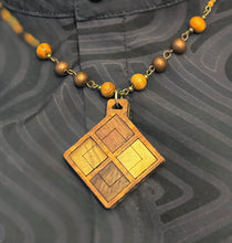6-Wood Diamond Pendant w/ Brass, Glass, Wood Beads