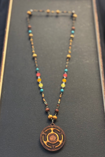 6-Wood Maze Pendant with Glass and Wood Beads