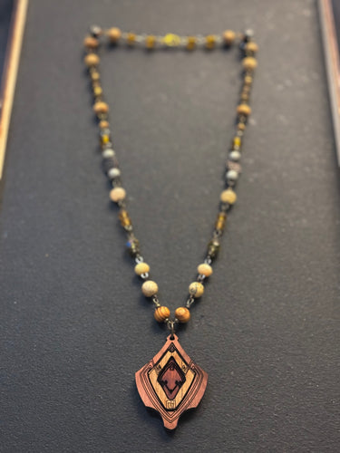 4-Wood Floret Pendant with Jasper, Vintage and Wood Beads