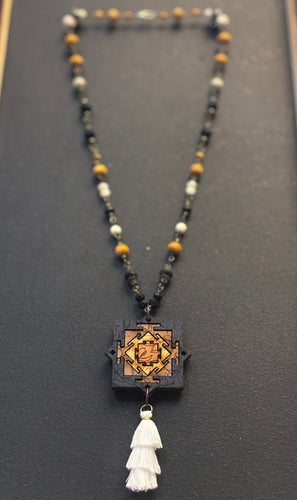 5-Wood Talisman Pendant with Czech Glass, Vintage and Wood Beads, Tassel