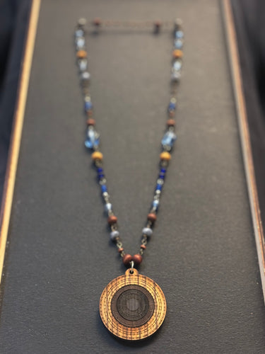 4-Wood Circle Pendant with Sodalite, Vintage, and Wood Beads