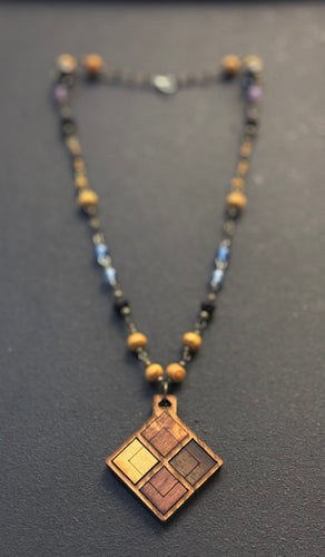 6-Wood Diamond Pendant with Vintage, Amethyst, Wood Beads