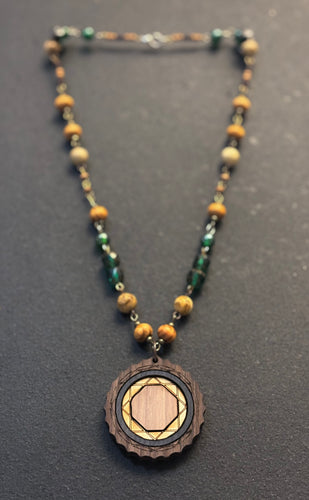 5-Wood Gear Pendant with Jasper, Vintage, and Wood Beads
