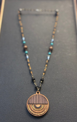 7-Wood Circle Pendant with Brass, Vintage, Turquoise, Wood Beads