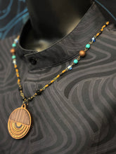 7-Wood Circle Pendant with Brass, Vintage, Turquoise, Wood Beads