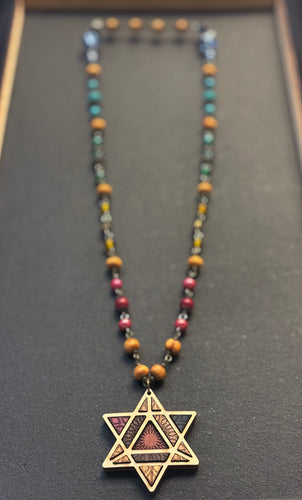 10-Wood Merkaba Pendant with Turquoise, Vintage and Wood Beads